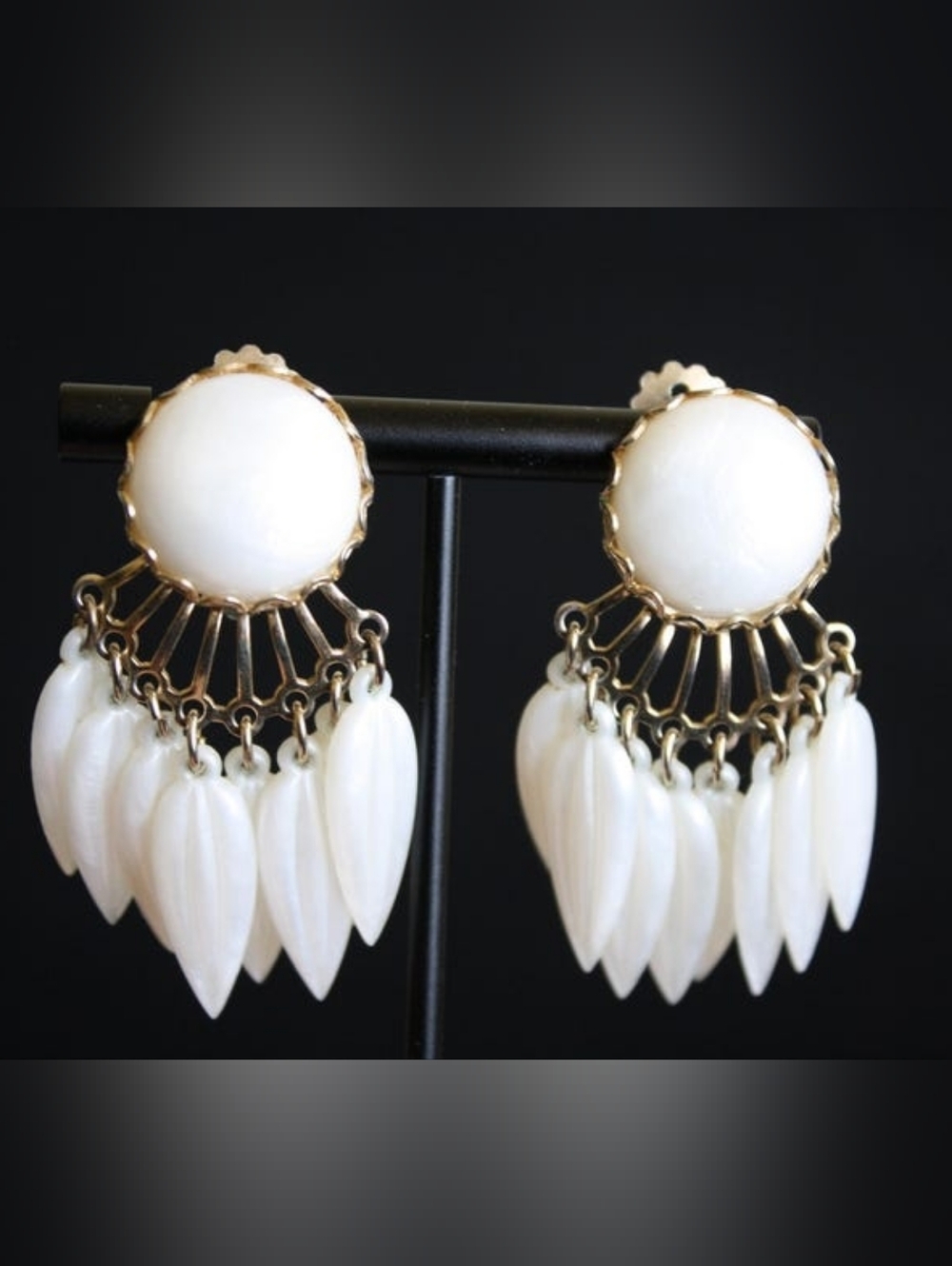 Vintage clip on earrings Glam White Dangly large statement jewelry Wedding jewel